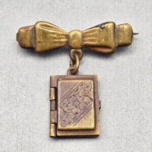 Antique Victorian Bow w/ Dangling Book Locket Brooch Brass Etched Floral Design